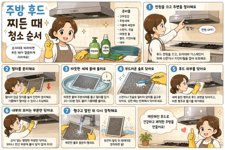 주방 후드 찌든 때 청소 순서, 가장 쉽고 깨끗하게 청소하는 방법