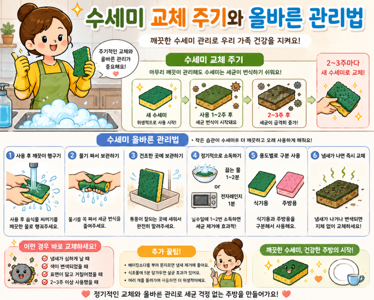 수세미 교체 주기와 올바른 관리법, 세균 걱정 줄이는 주방 위생 습관