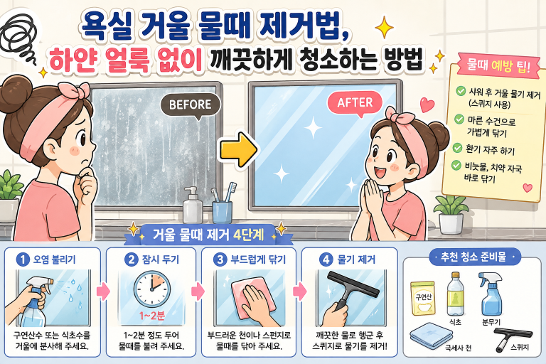 욕실 거울 물때 제거법, 하얀 얼룩 없이 깨끗하게 청소하는 방법