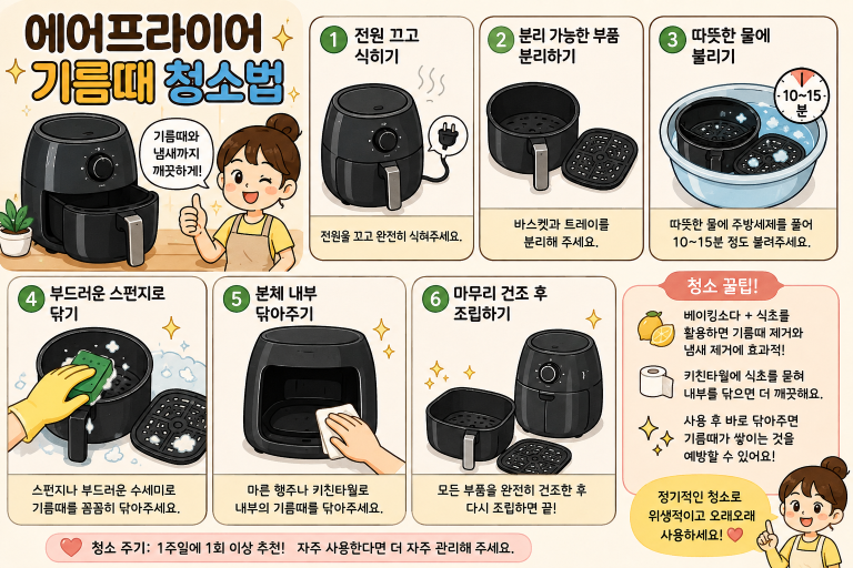 에어프라이어 기름때 청소법, 찌든 때와 냄새까지 깔끔하게 제거하기